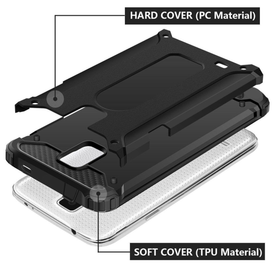 Husa pentru Samsung Galaxy S5 G900, SKYDDAR INNOVATION, Hybrid Armor, din Plastic Dur, Margini Cauciucate, Antisoc, set cu sticker, Negru - 1 | YEO