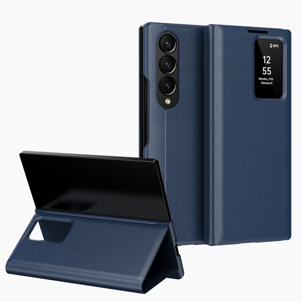 Husa pentru Samsung Galaxy Z Fold3 5G tip carte, Skyddar, cu portofel si SmartView, Premium, set cu sticker, Albastru - 1 | YEO