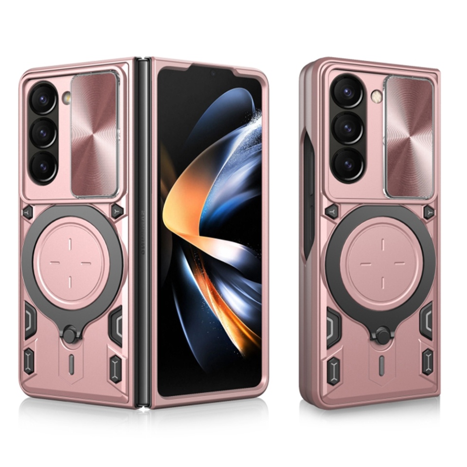 Husa pentru Samsung Galaxy Z Fold6, cu inel magnetic si suport ajustabil, protecție completa camera, SKDR SafeCover - Roz auriu