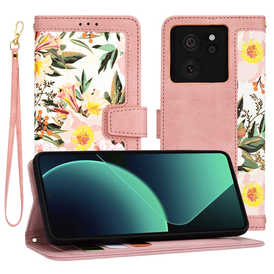 Husa pentru Xiaomi 13T / 13T Pro din Piele Ecologică cu Design Floral, Protecție 360°, Stand Integrat, Buzunare pentru Carduri, SKDR Floral Wallet - Roz