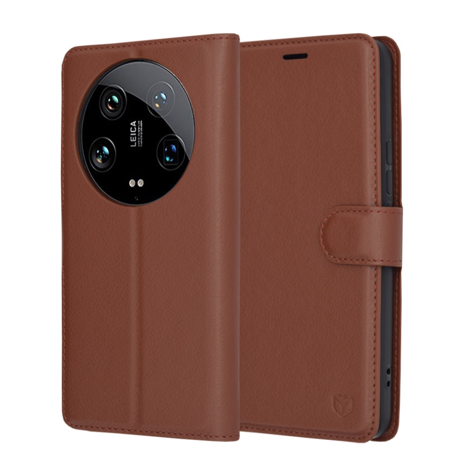 Husa pentru Xiaomi 14 Ultra, SKYDDAR INNOVATION, Leather Folio tip Carte, cu Portofel Interior, Finisaje Premium, set cu sticker, Maro
