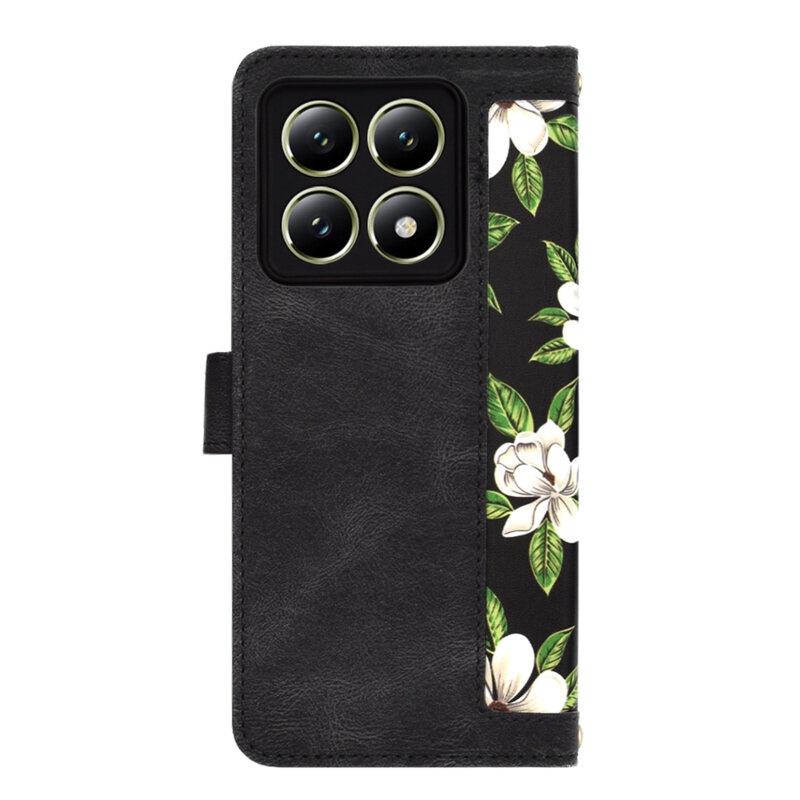 Husa pentru Xiaomi 14T din Piele Ecologică cu Design Floral, Protecție 360°, Stand Integrat, Buzunare pentru Carduri, SKDR Floral Wallet - Negru - 2 | YEO
