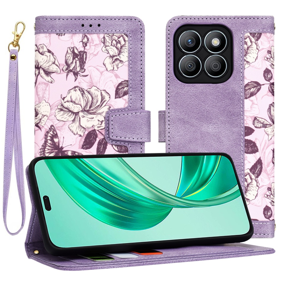 Husa pentru Xiaomi 14T Pro din Piele Ecologică cu Design Floral, Protecție 360°, Stand Integrat, Buzunare pentru Carduri, SKDR Floral Wallet - Mov