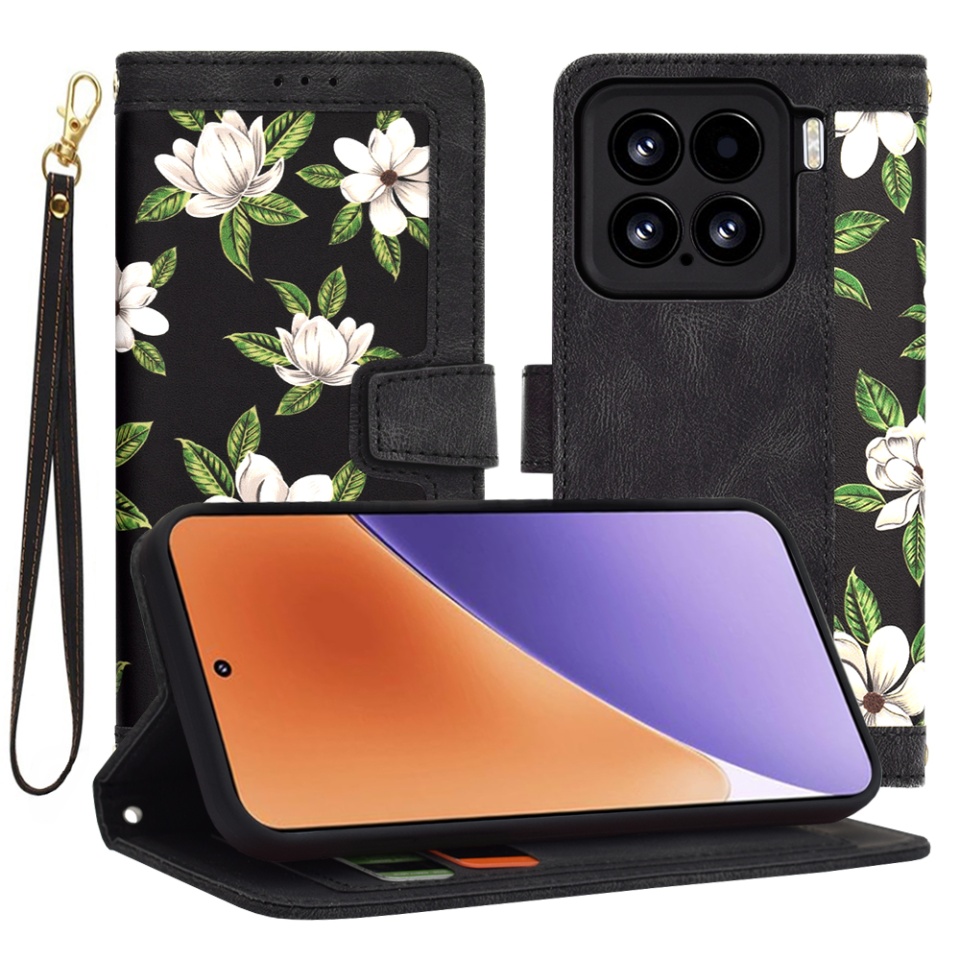 Husa pentru Xiaomi 15 din Piele Ecologică cu Design Floral, Protecție 360°, Stand Integrat, Buzunare pentru Carduri, SKDR Floral Wallet - Negru