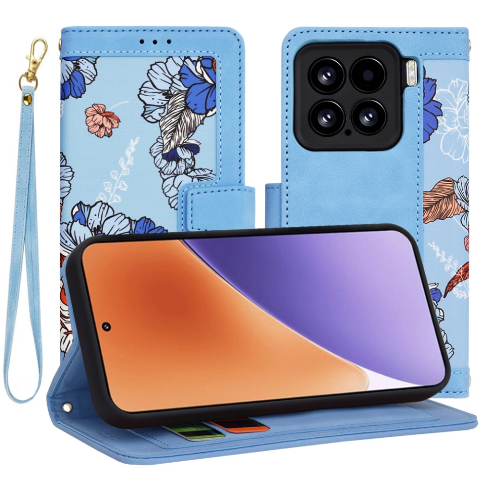 Husa pentru Xiaomi 15 din Piele Ecologică cu Design Floral, Protecție 360°, Stand Integrat, Buzunare pentru Carduri, SKDR Floral Wallet - Bleu