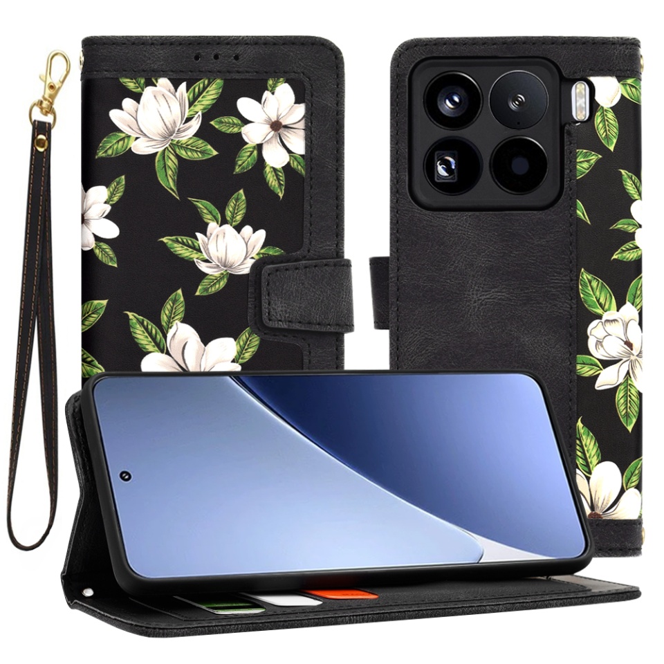 Husa pentru Xiaomi 15 Pro din Piele Ecologică cu Design Floral, Protecție 360°, Stand Integrat, Buzunare pentru Carduri, SKDR Floral Wallet - Negru
