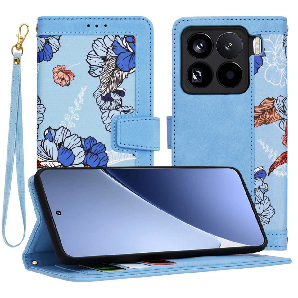 Husa pentru Xiaomi 15 Pro din Piele Ecologică cu Design Floral, Protecție 360°, Stand Integrat, Buzunare pentru Carduri, SKDR Floral Wallet - Bleu