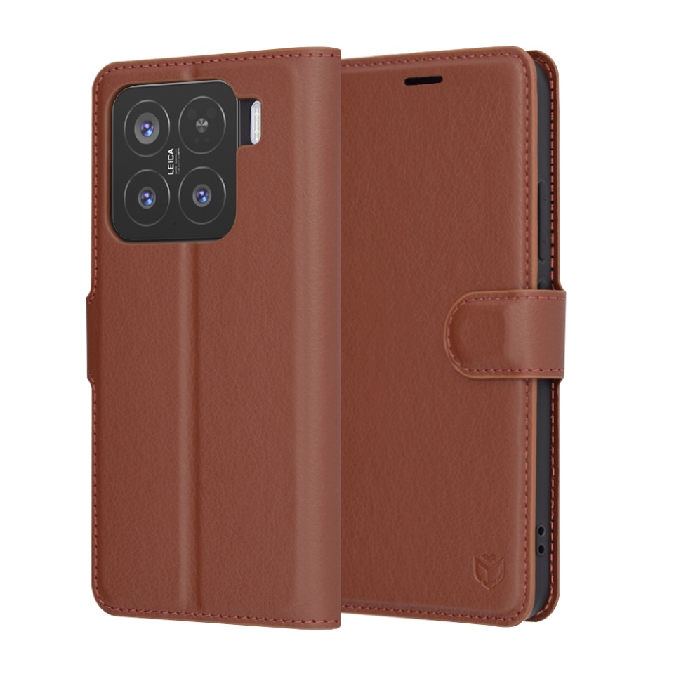 Husa pentru Xiaomi 15, SKYDDAR INNOVATION, Leather Folio tip Carte, cu Portofel Interior, Finisaje Premium, set cu sticker, Maro
