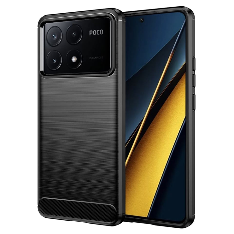 Husa pentru Xiaomi Poco X6 Pro, SKYDDAR INNOVATION, Carbon Silicone, din Silicon Slim, cu textura Fibra Carbon, set cu sticker, Negru