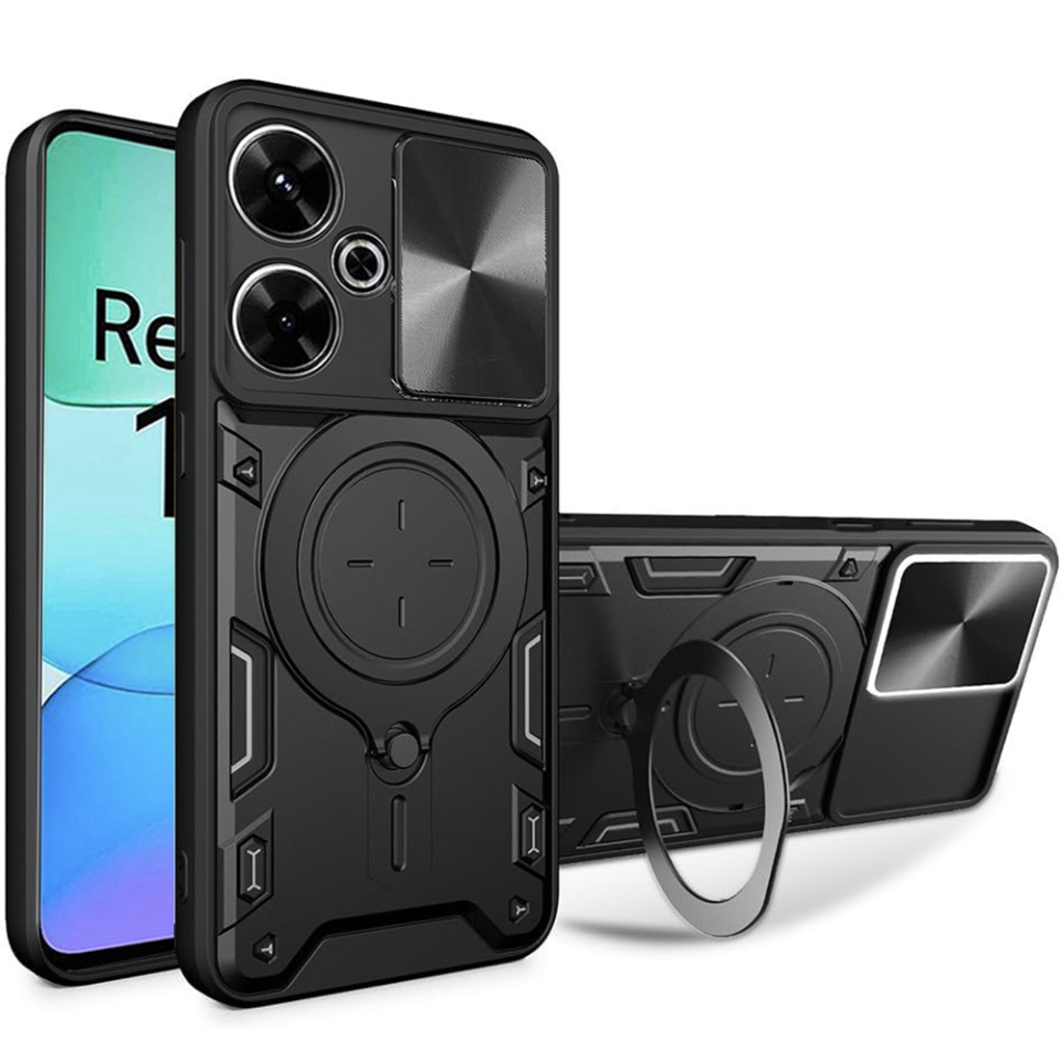 Husa pentru Xiaomi Redmi 13 / Poco M6 4G, cu inel magnetic si suport ajustabil, protectie completa camera, SKDR SafeCover - Negru