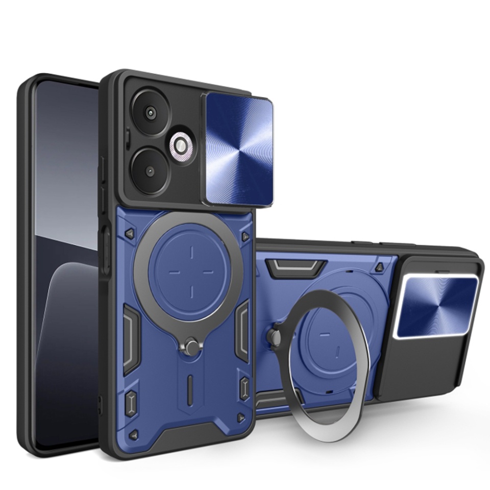 Husa pentru Xiaomi Redmi 13C 5G / Poco M6, cu inel magnetic si suport ajustabil, protecție completa camera, SKDR SafeCover - Albastru