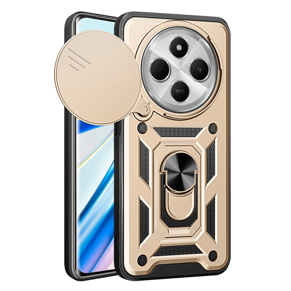 Husa pentru Xiaomi Redmi 14C / Poco C75, SKYDDAR INNOVATION, CamShield, Inel magnetic, set cu sticker, Auriu