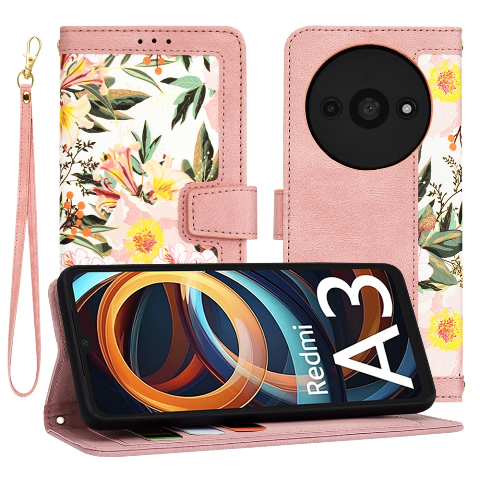 Husa pentru Xiaomi Redmi A3 din Piele Ecologică cu Design Floral, Protecție 360°, Stand Integrat, Buzunare pentru Carduri, SKDR Floral Wallet - Roz