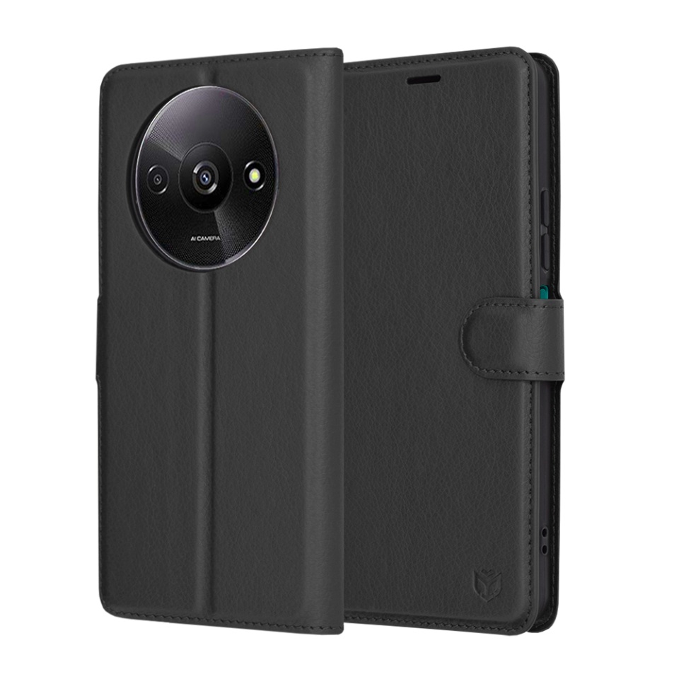 Husa pentru Xiaomi Redmi A3 / Redmi A3x, SKYDDAR INNOVATION, Leather Folio tip Carte, cu Portofel Interior, Finisaje Premium, set cu sticker, Negru