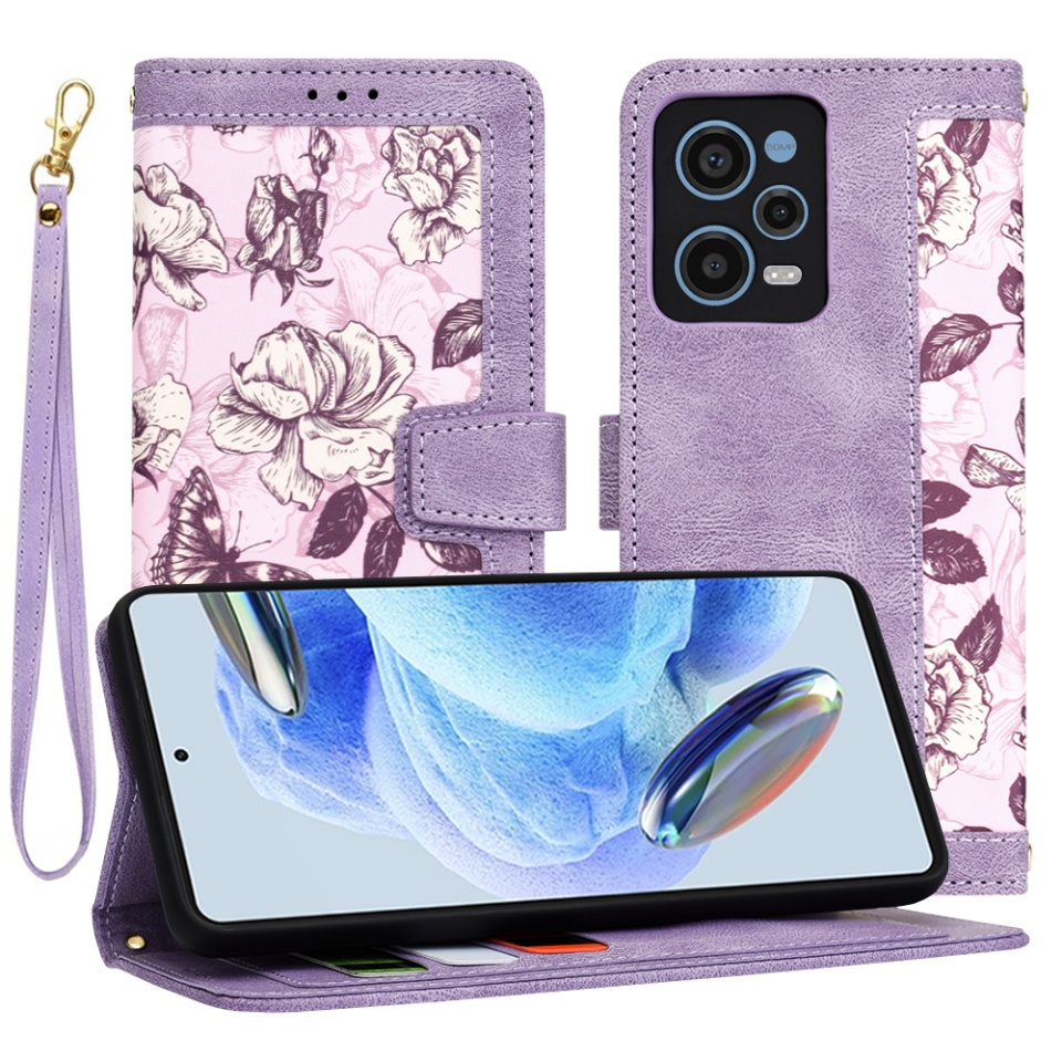 Husa pentru Xiaomi Redmi Note 12 Pro 5G din Piele Ecologică cu Design Floral, Protecție 360°, Stand Integrat, Buzunare pentru Carduri, SKDR Floral Wallet - Mov