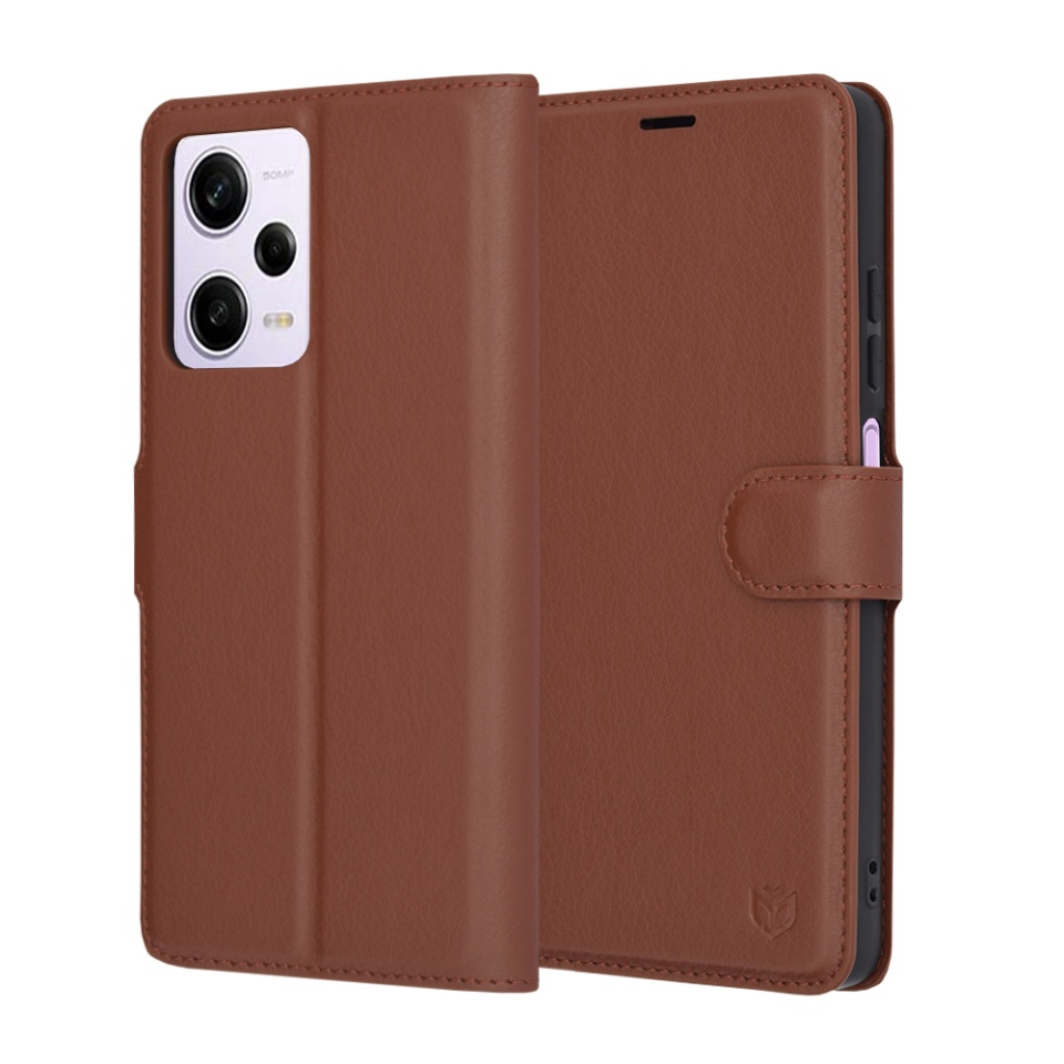 Husa pentru Xiaomi Redmi Note 12 Pro 5G, SKYDDAR INNOVATION, Leather Folio tip Carte, cu Portofel Interior, Finisaje Premium, set cu sticker, Maro