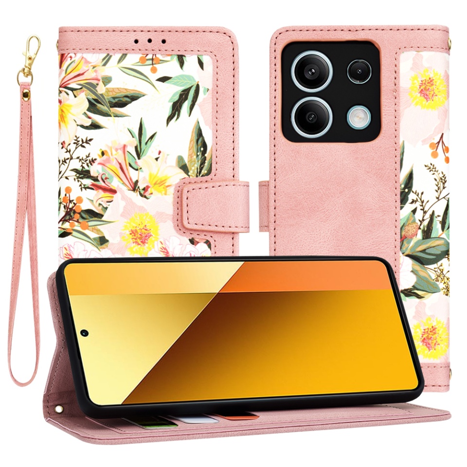 Husa pentru Xiaomi Redmi Note 13 5G din Piele Ecologică cu Design Floral, Protecție 360°, Stand Integrat, Buzunare pentru Carduri, SKDR Floral Wallet - Roz