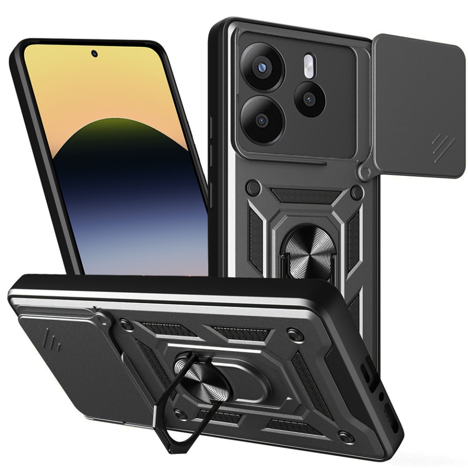 Husa pentru Xiaomi Redmi Note 14 5G, SKYDDAR INNOVATION, CamShield, Inel magnetic, set cu sticker, Negru