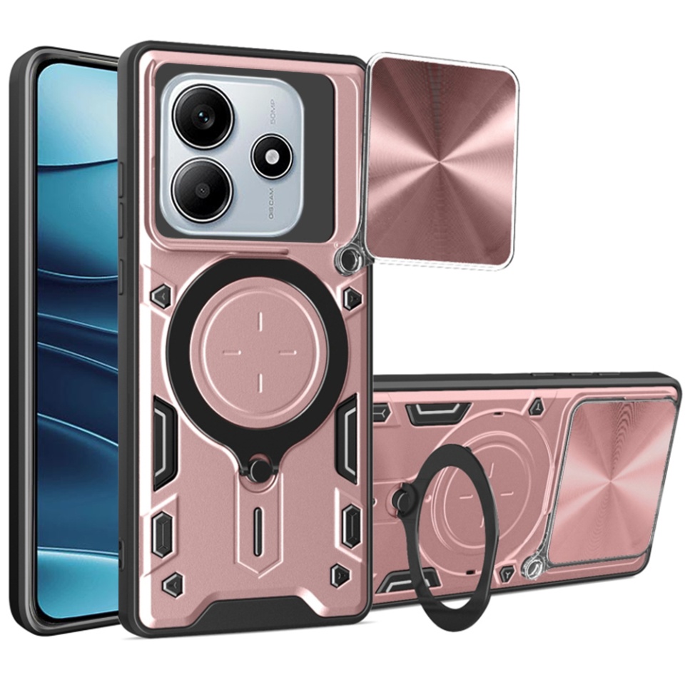 Husa pentru Xiaomi Redmi Note 14, cu inel magnetic si suport ajustabil, protectie completa camera, SKDR SafeCover - Roz auriu