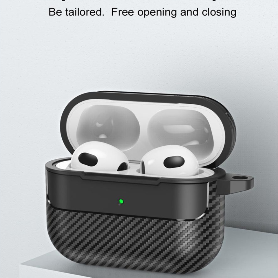 Husa Protectie pentru AirPods 3, din Fibra de Carbon, cu Breloc Carabina, Incarcare Wireless, EarSafe - Negru - 3 | YEO