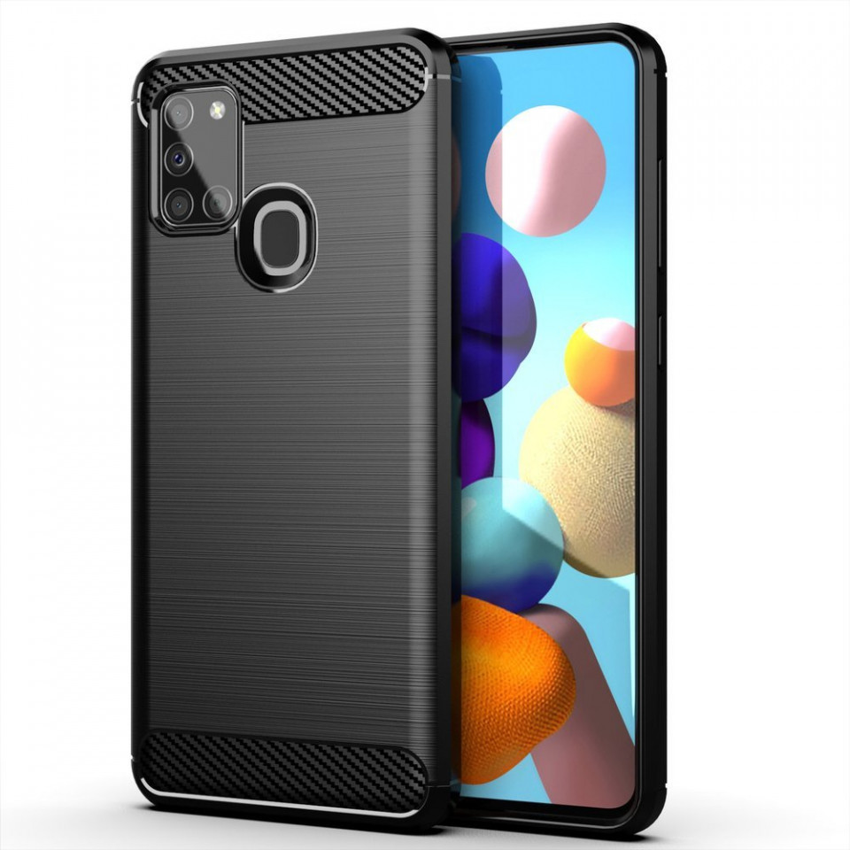 Husa Samsung Galaxy A21s din silicon, Slim, cu textura Fibra Carbon - Negru