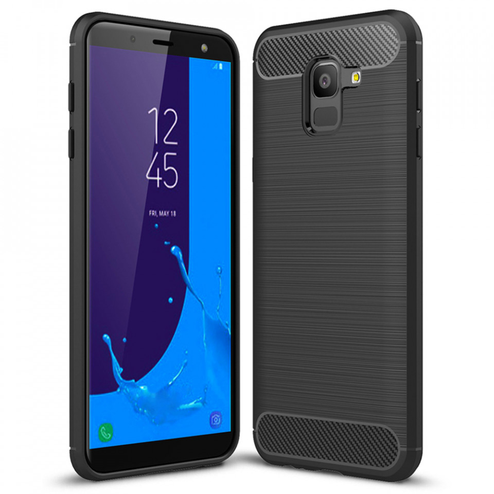Husa Samsung Galaxy J6 2018 din silicon, Slim, cu textura Fibra Carbon - Negru