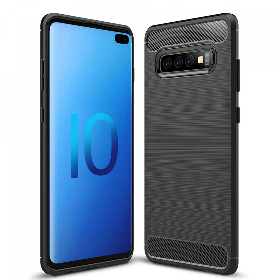 Husa Samsung Galaxy S10 Plus din silicon, Slim, cu textura Fibra Carbon - Negru