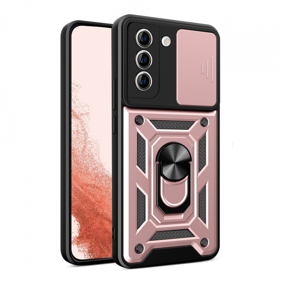 Husa Samsung Galaxy S22 Plus 5G cu inel magnetic si protectie camera Skyddar CamShield - Rose Gold