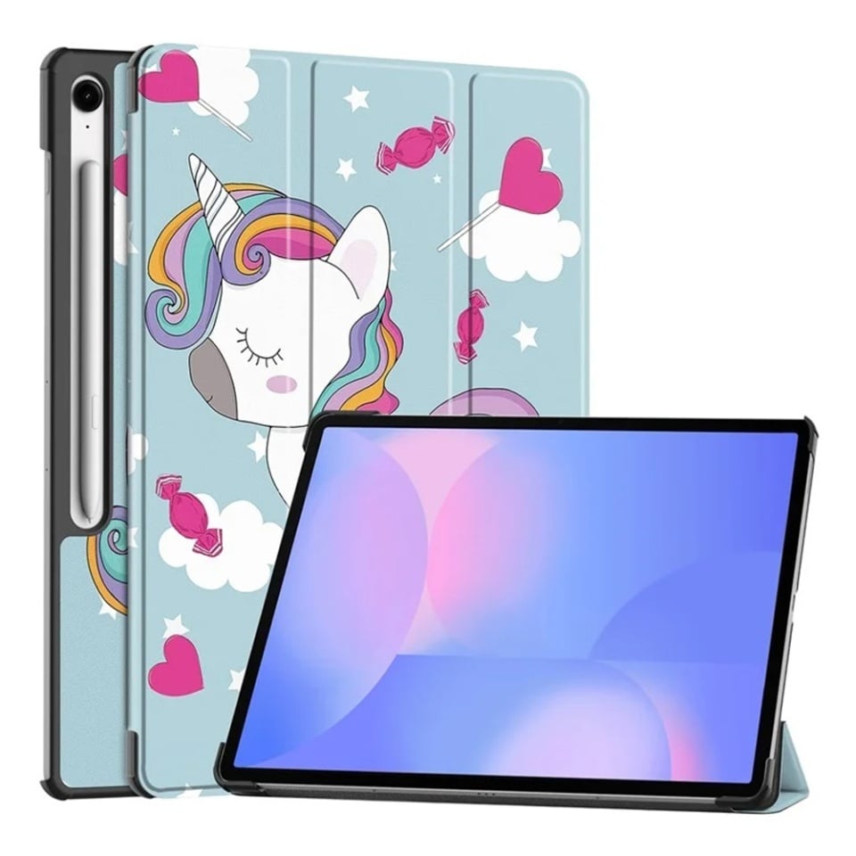 Husa tableta pentru Samsung Galaxy Tab S10 FE Plus, SKYDDAR INNOVATION, cu suport Multi-Unghi si functie Sleep/Wake, FoldPro, Unicorn, set cu sticker
