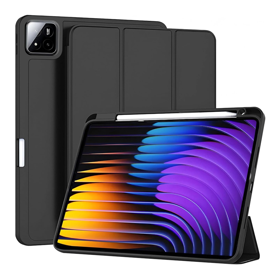 Husa tableta pentru Xiaomi Pad 7 / 7 Pro, suport Pencil, functie Sleep/Wake, SKDR, Flex Trifold, Negru, set cu sticker