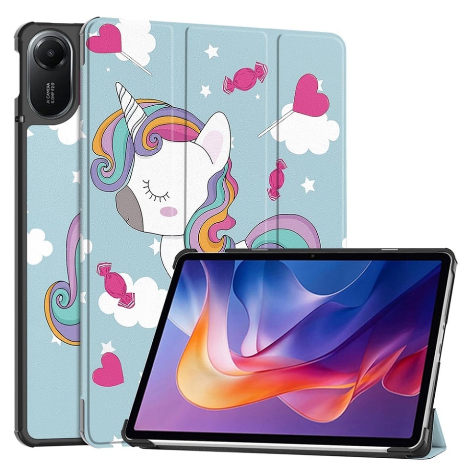 Husa tableta pentru Xiaomi Redmi Pad 2, SKYDDAR INNOVATION, cu suport Multi-Unghi si functie Sleep/Wake, FoldPro, Unicorn, set cu sticker