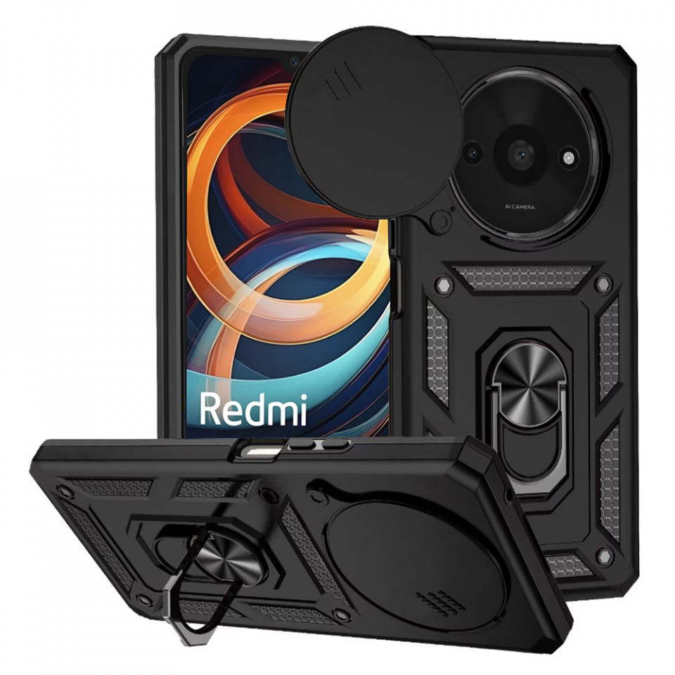Husa Xiaomi Redmi A3 cu inel magnetic si protectie camera Skyddar CamShield - Negru