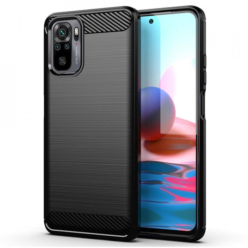 Husa Xiaomi Redmi Note 10 / Note 10S din silicon, Slim, cu textura Fibra Carbon - Negru