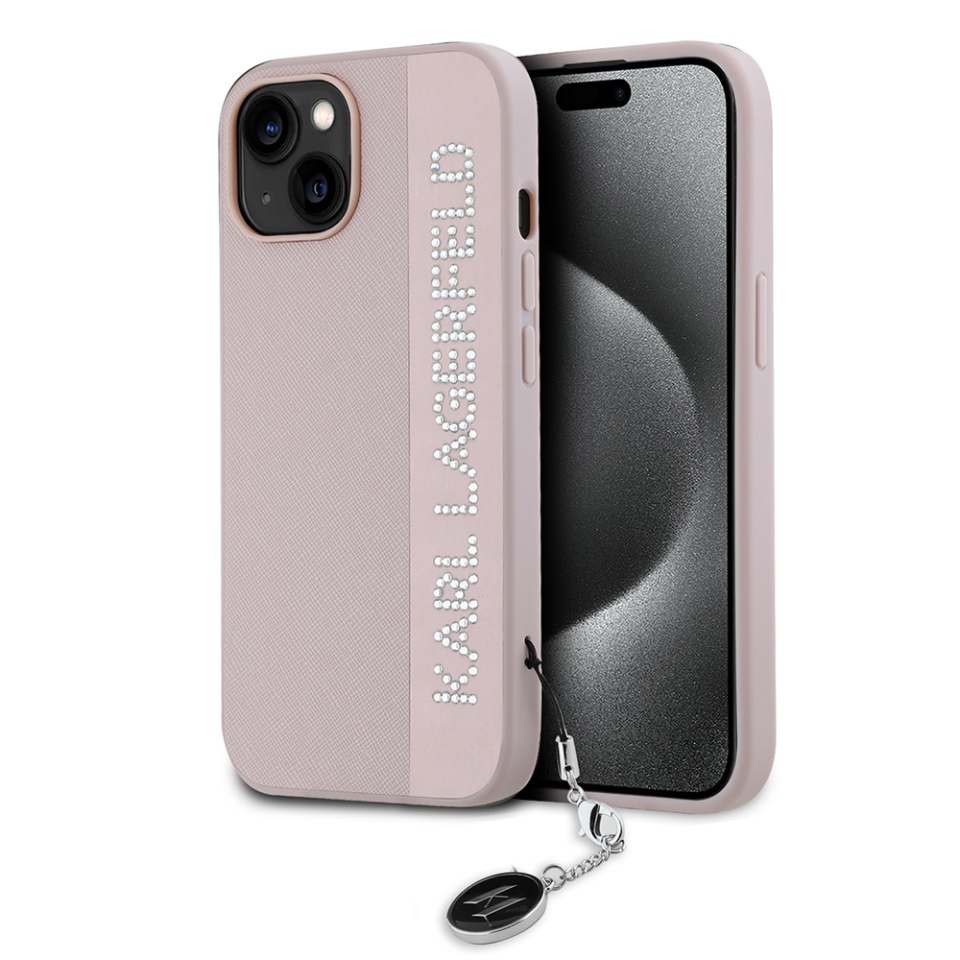 Huse pentru iPhone 15, Karl Lagerfeld, Saffiano Rhinestones&Charm, Roz