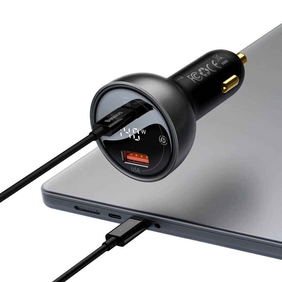Incarcator Auto 140W, 1x USB-A QC3.0, 1x Type-C PD3.1, display digital, cablu USB-C 240W 1m, Baseus CGZX070001, Negru - 2 | YEO
