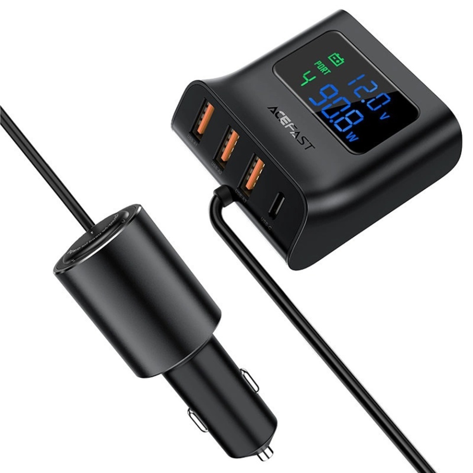 Incarcator Auto 90W, 3x USB + 1x Type-C, Splitter 90cm, PPS, PD3.0, QC3.0, Afisaj Digital, Acefast B8, Negru