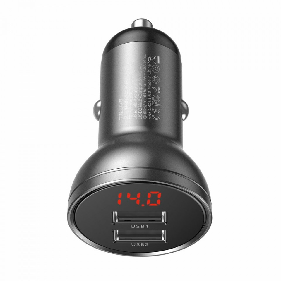 Incarcator auto, display voltaj, 2x USB 4.8 A, 24W, Baseus - Negru