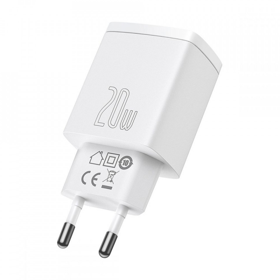 Incarcator priza Compact, USB-C, PD, 20W si USB-A, QC, 3A, Baseus (CCXJ-B02) - Alb - 1 | YEO