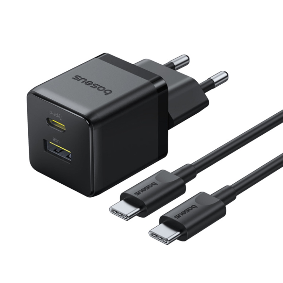 Incarcator Priza cu 2 porturi, Baseus,Type-C Cablu Inclus, Fast Charge, 2in1, USB, USB-C, 30W, 20V/3A, Palm, Negru
