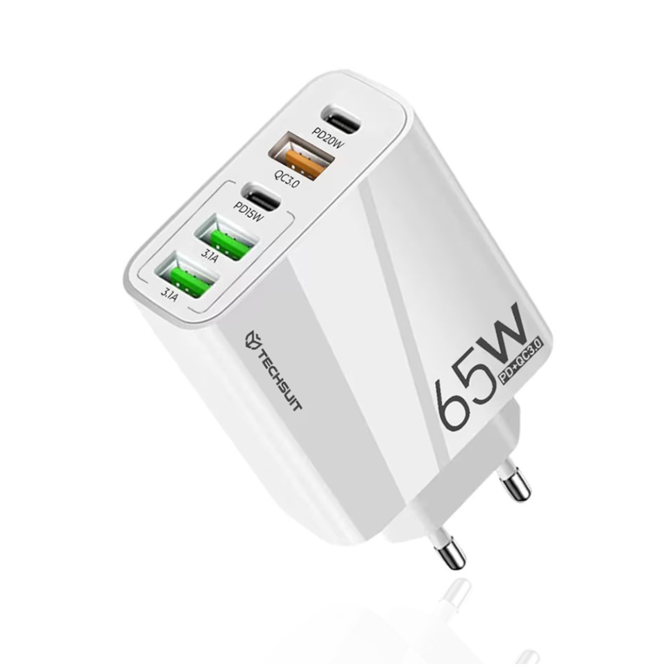 Incarcator Priza cu 5 porturi , Universal, 3x USB QC 3.0, 2x Type-C PD 20W, 65W, GaN, Techsuit PentaXPower (CHC2), Alb