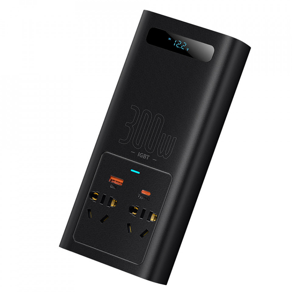 Invertor pentru Masina USB, Type-C, CN/EU, 220V, 300W + Cleme si Cablu 12V - Baseus (CGNB010101) - Black - 1 | YEO