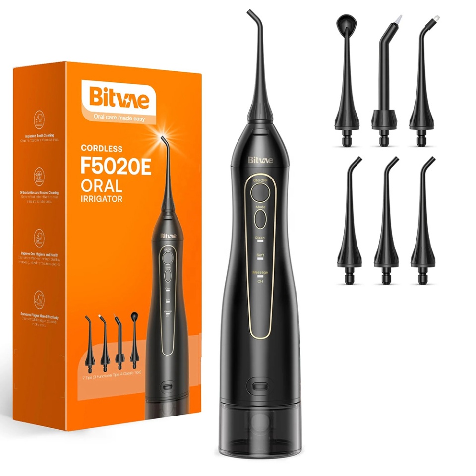 Irigator bucal electric Bitvae BV 5020E, alb, 7 duze incluse, autonomie 21 zile, incarcare rapida, design compact, Negru