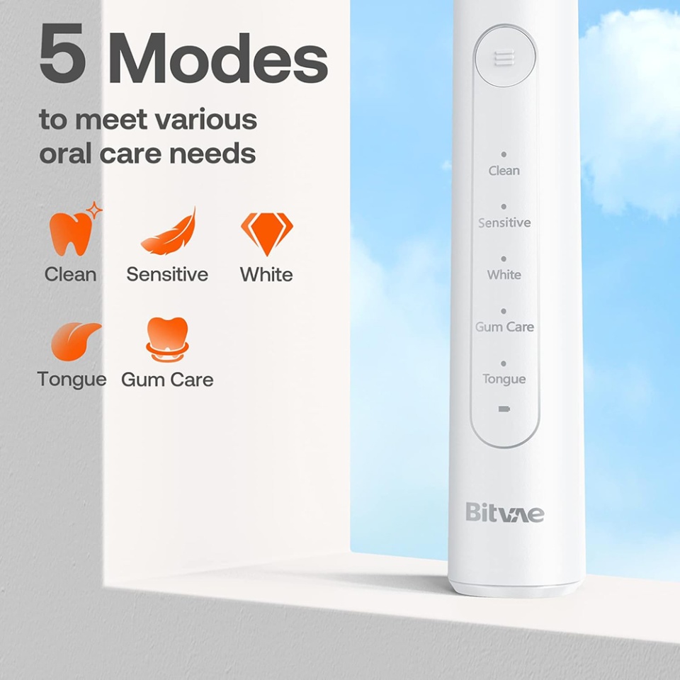 Periuta de dinti electrica Bitvae R2 cu cap rotativ, 8 capete de schimb, husa de calatorie, incarcare USB, autonomie 3 ore, BVR2, Alb - 1 | YEO
