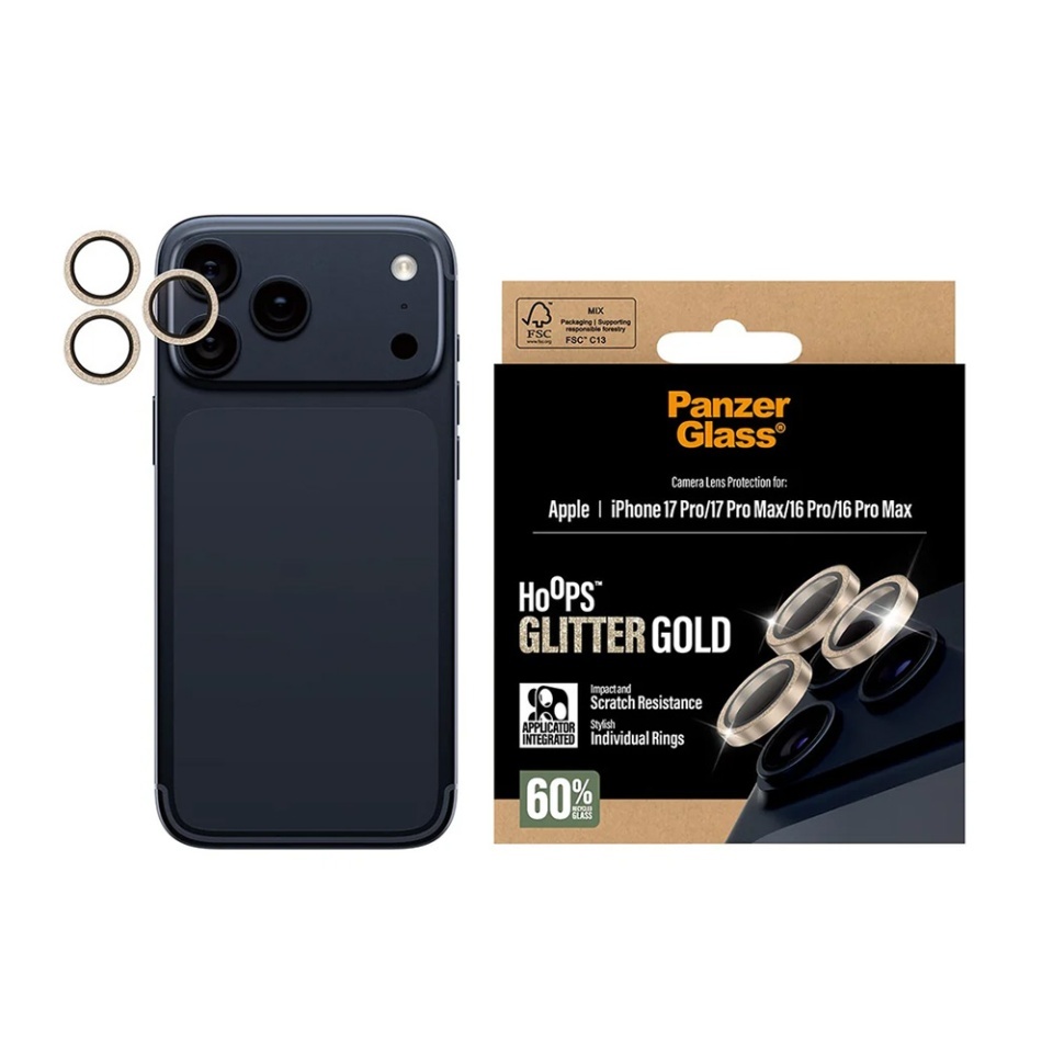 Protectie Camera pentru iPhone 16 Pro / 16 Pro Max / 17 Pro / 17 Pro Max, Hoops PanzerGlass®, cu Separare Optica, Sticla Securizata, Anti-Zgarieturi si Anti-Reflexie, Auriu