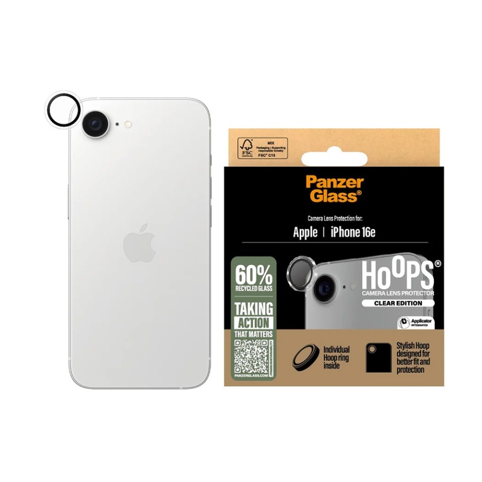 Protectie Camera pentru iPhone 16e, Hoops PanzerGlass®, cu Separare Optica, Sticla Securizata, Anti-Zgarieturi si Anti-Reflexie, Transparenta