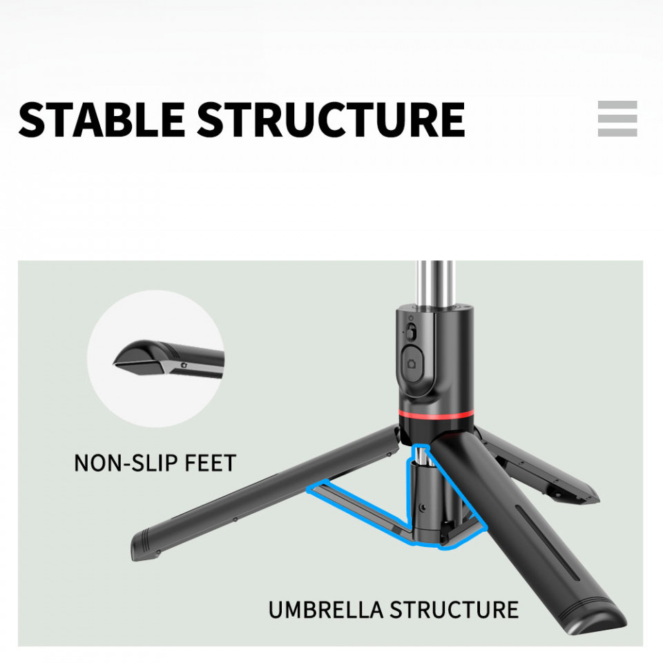 Selfie Stick si Trepied Stabil Bluetooth, 113cm, Techsuit (L13), Negru - 2 | YEO