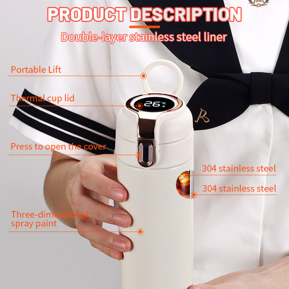 Thermos din Otel Inoxidabil cu afisaj temperatura digital, 400ml, Techsuit - Roz - 3 | YEO