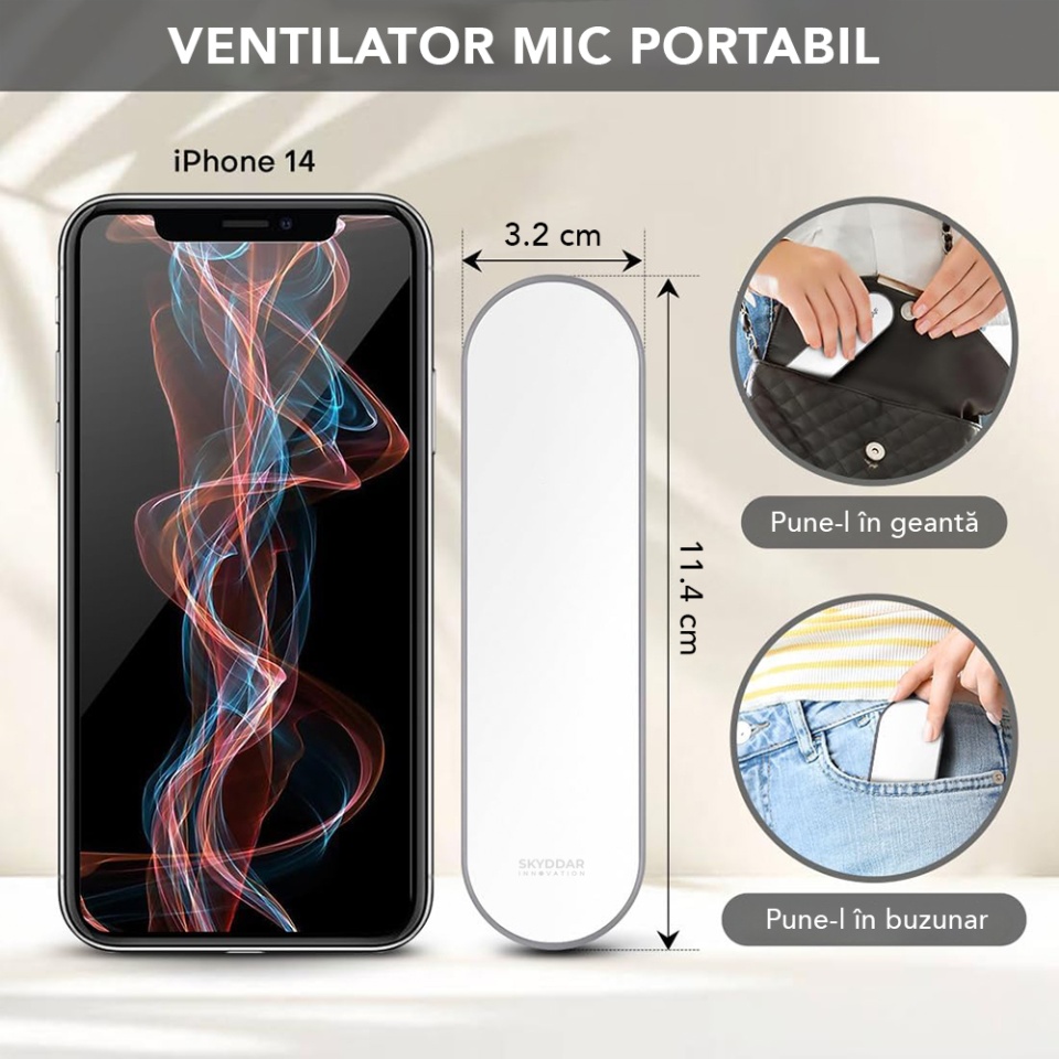 Ventilator Portabil Mini, de Poseta, de Birou, de Mana, Silentios, Pliabil, 1200mAh, SKDR NiniFan - Alb - 1 | YEO