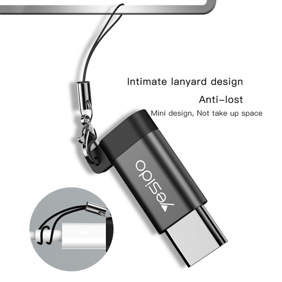 Adaptor Micro-USB la Type-C, Plug & Play, 480Mbps, Yesido (GS04) - Negru - 2 | YEO