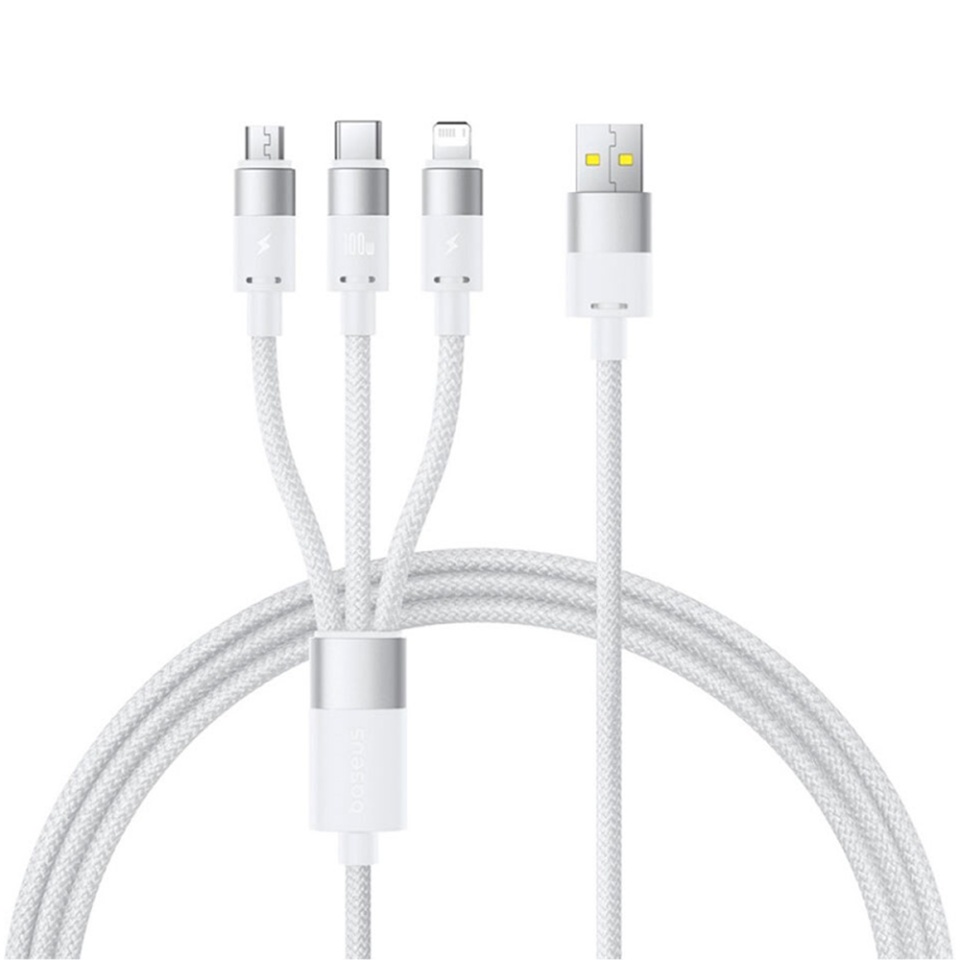 Cablu de Date 3in1 USB la Type-C, Lightning, MicroUSB, 100W, 1.5m, Baseus StarSpeed, Alb